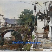 2货铺,写实手绘原创水彩画风景画宏村村庄风景画,8开无画框