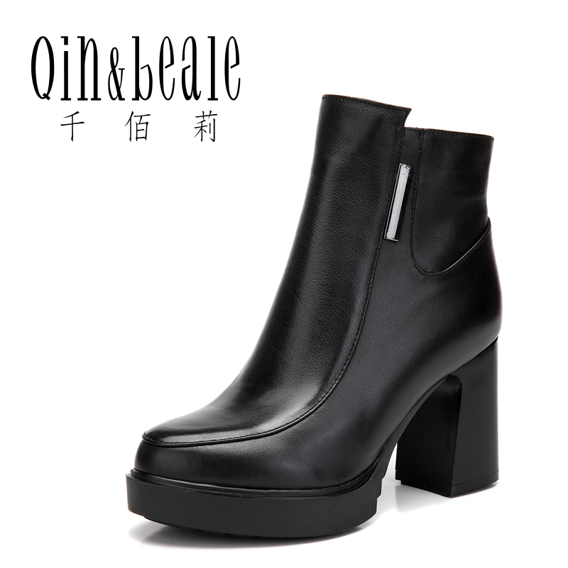 qin&beale/千佰莉头层牛皮厚底粗跟高跟舒适短靴 女 马丁靴 靴子