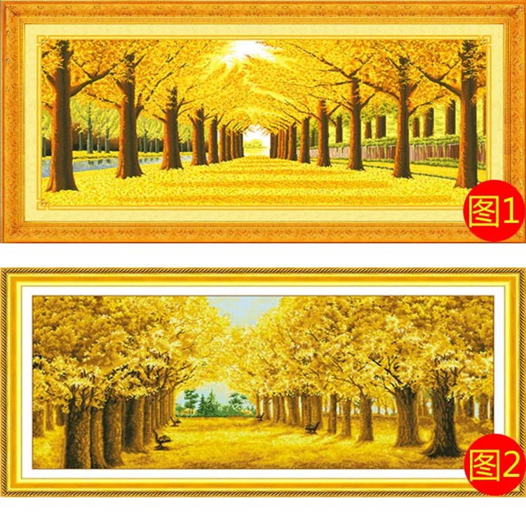 纯手工十字绣成品黄金满地3米客厅大幅风景挂画油画壁画黄金大道