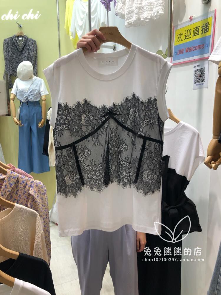 2020韩国东大门代购进口春装新款女装chichi蕾丝拼接无袖背心t恤