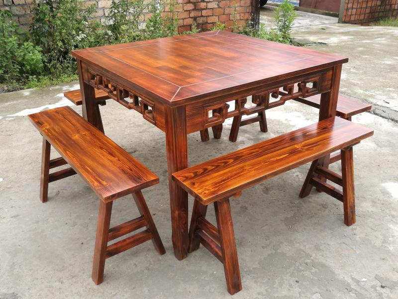 中式碳化实木八仙桌正方形饭店农家乐明清仿古雕花四方桌椅凳组合