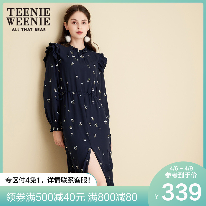 teenieweenie小熊女装碎花开衩印花长袖连衣裙中长款显瘦仙女裙子