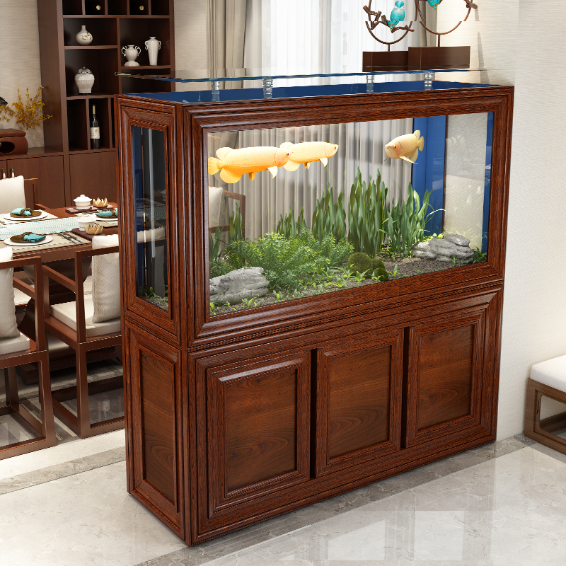 中式鱼缸客厅大水族箱大型龙鱼底滤家用免换水生态玻璃新中式鱼缸