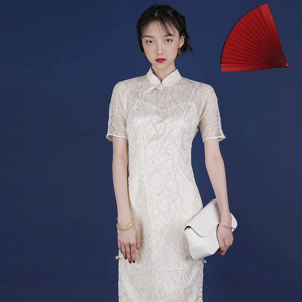 槿续2020改良旗袍春夏国风少女新式白长款老上海日常拜年年会礼服