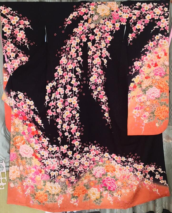 2417 2425#日本中古振袖和服黑色垂枝樱花牡丹刺绣金彩正绢真丝