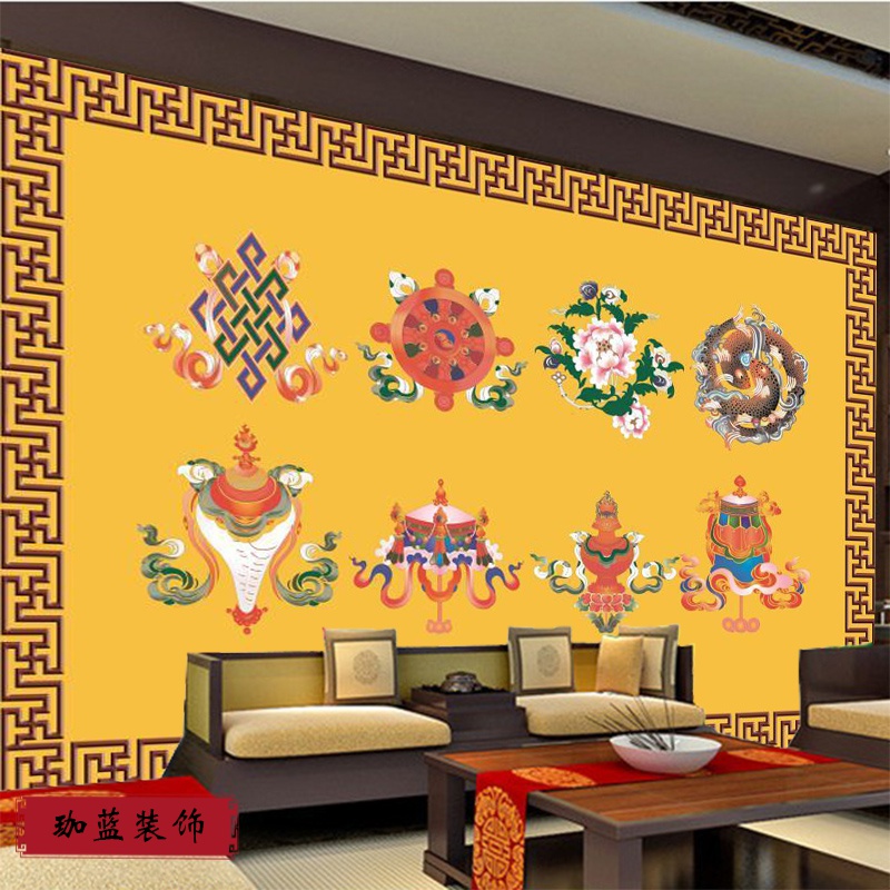 藏式吉祥八宝壁纸西藏文化藏族特色墙纸唐卡宗教藏传背景墙布壁画