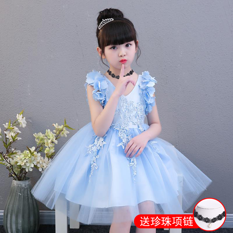 女童公主裙夏季蓬蓬裙蓝色小女孩宝宝洋气裙子儿童演出服花童礼服