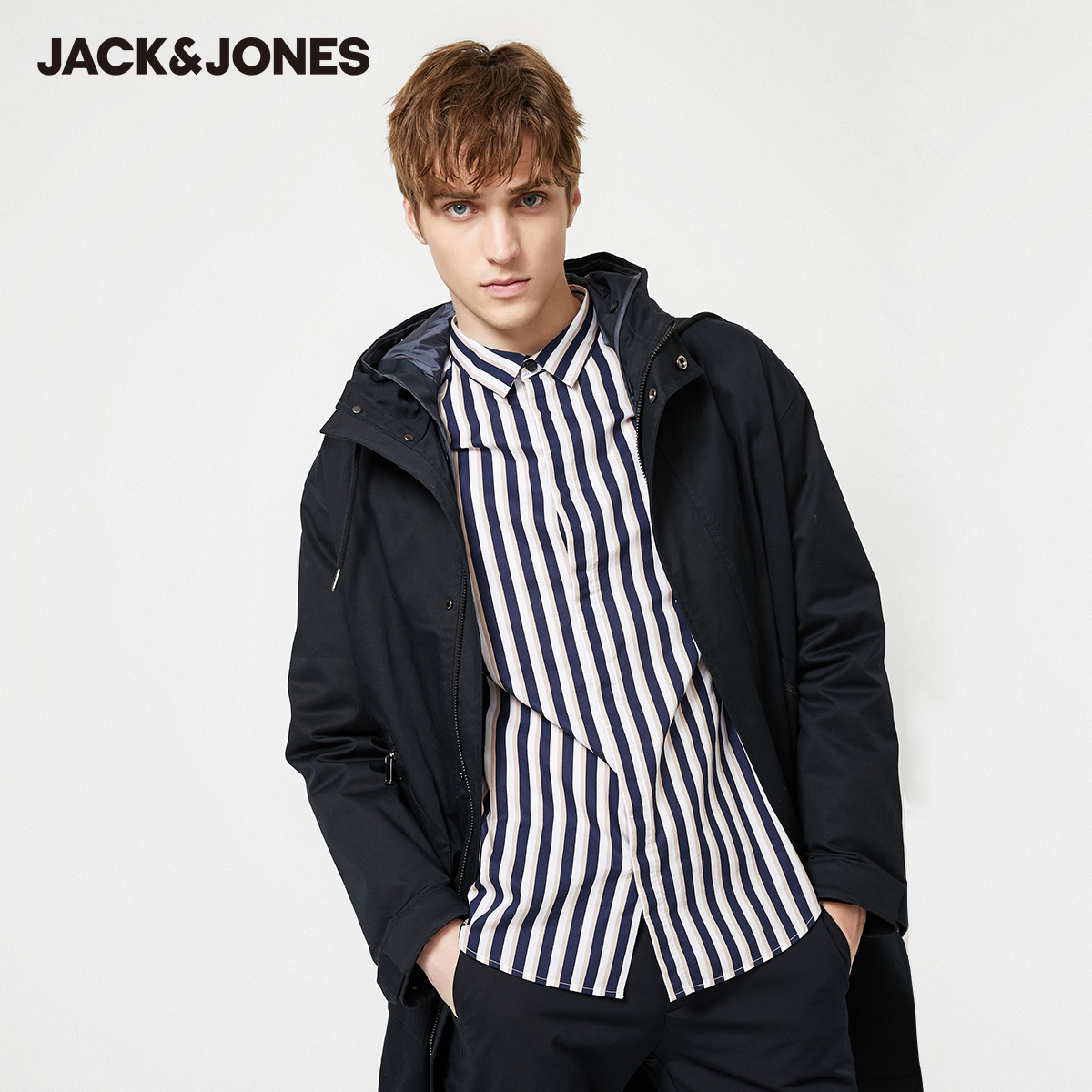 jackjones杰克琼斯冬季男休闲连帽派克大衣长款棉服外套219309506