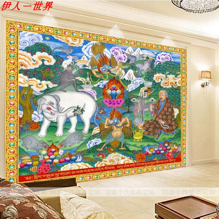 藏族长寿过道壁纸壁画藏式吉祥四瑞墙布唐卡和睦四兽客厅背景墙纸