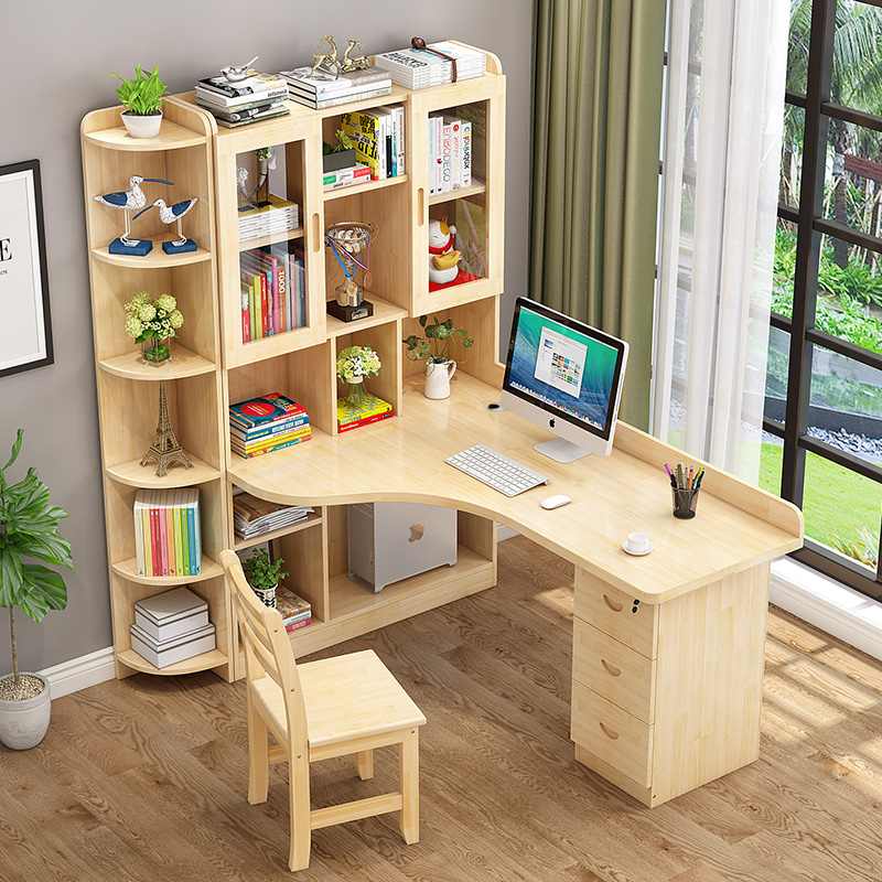 实木书桌书架组合转角儿童学习桌家用学生电脑台式桌简约写字桌椅