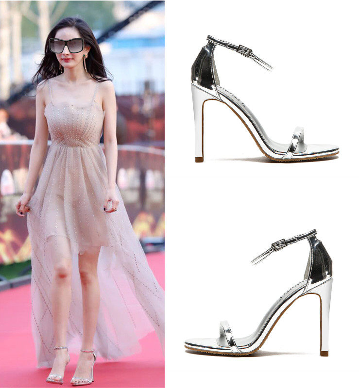 杨幂 迪丽热巴 唐嫣 baby杨颖同款一字带高跟凉鞋银色细带高跟鞋