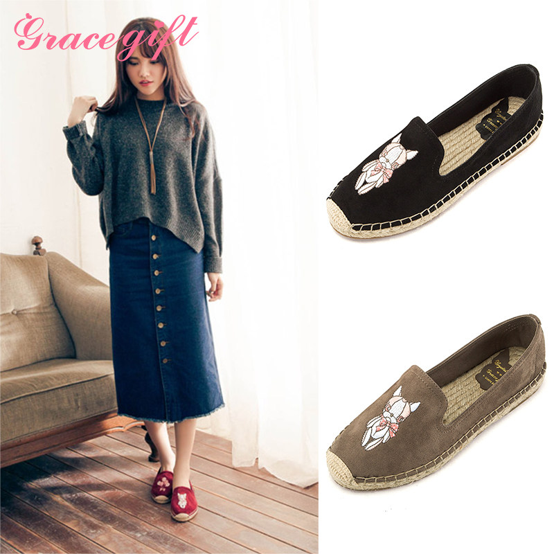 gracegift狗头crystal ball电绣绒布麻底草编渔夫鞋