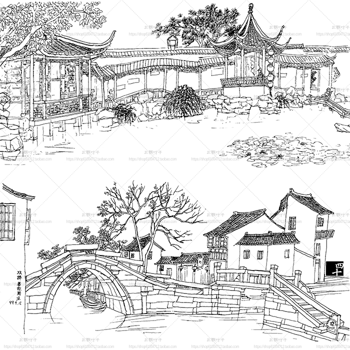 中国风山水白描线稿图集 工笔素描速写 场景风景绘画参考素材6267