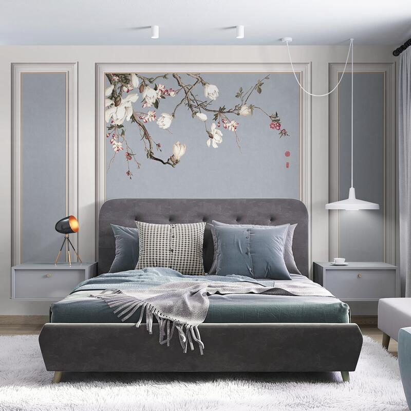 典雅中式石膏线壁纸手绘唯美花卉壁画客厅卧室电视床头背景墙纸
