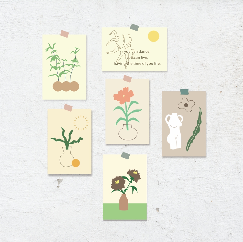 es| 简约ins小卡片套装 韩风chic抽象手绘植物ins风墙面装饰画