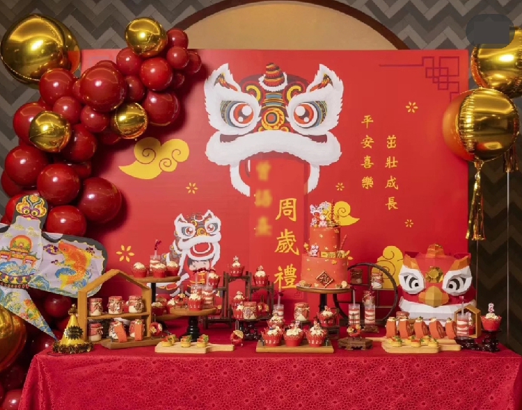 中国风主题生日布置宝宝百天宴中式抓周背景周岁海报满月宴布置