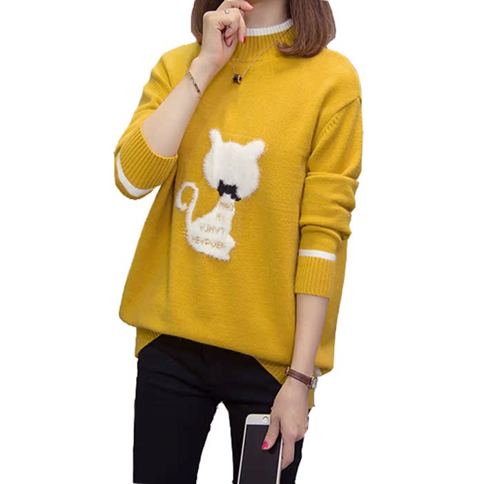 毛衣2019冬季新款猫咪图案半高领拼色长袖保暖毛衣针织衫 sweater