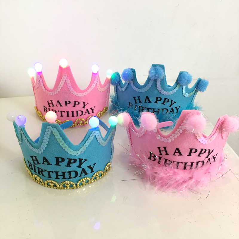 宝宝生日帽子儿童周岁生日帽子大人皇冠发光头饰公主派对蛋糕帽子