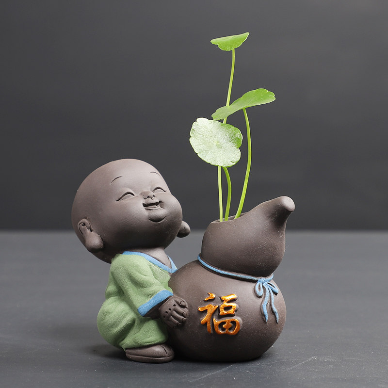 创意禅意小和尚水培花器摆件铜钱草陶瓷花盆茶道花盆办公桌面花钵