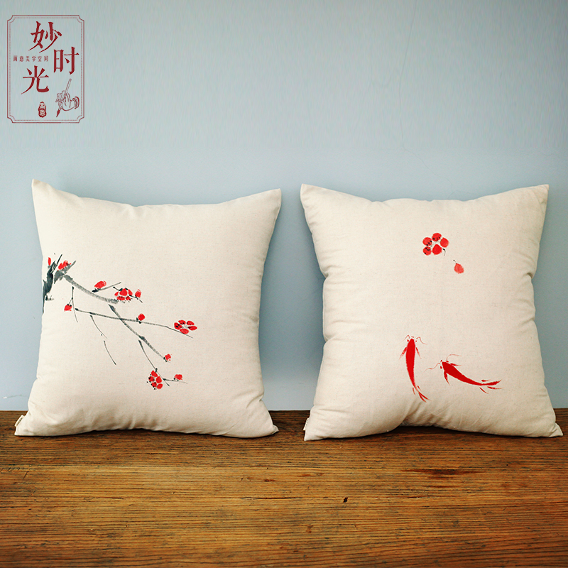 原创纯手绘棉麻新中式禅意沙发抱枕套飘窗抱枕套装组合不含芯包邮