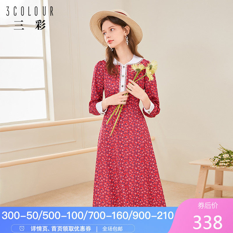 三彩2020春季新款花边娃娃领红色典雅碎花复古长袖印花裙连衣裙女