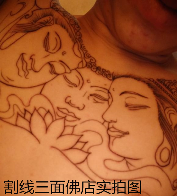 割线三面佛手稿纹身贴 胸前大图 男女刺青 花臂 彩色防水纹身贴