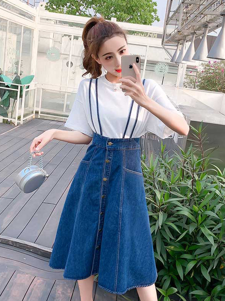 牛仔半身裙女a型背带裙夏2020新款韩版中长款学院风吊带连衣裙潮