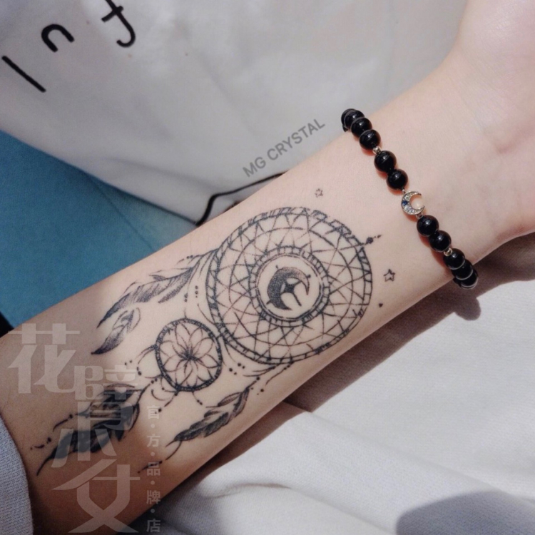 花臂少女tattoo s119梦幻羽毛捕梦网少女手臂手腕纹身贴 防水刺青