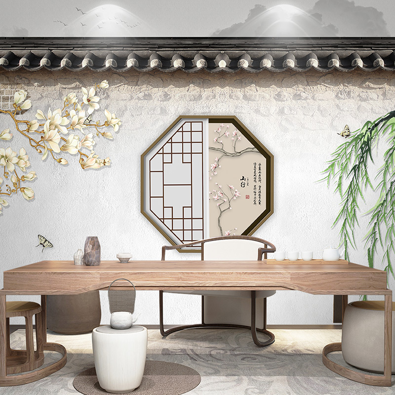 中国风墙纸江南水乡屋檐古典建筑装饰文艺茶室客厅饭店火锅店壁纸