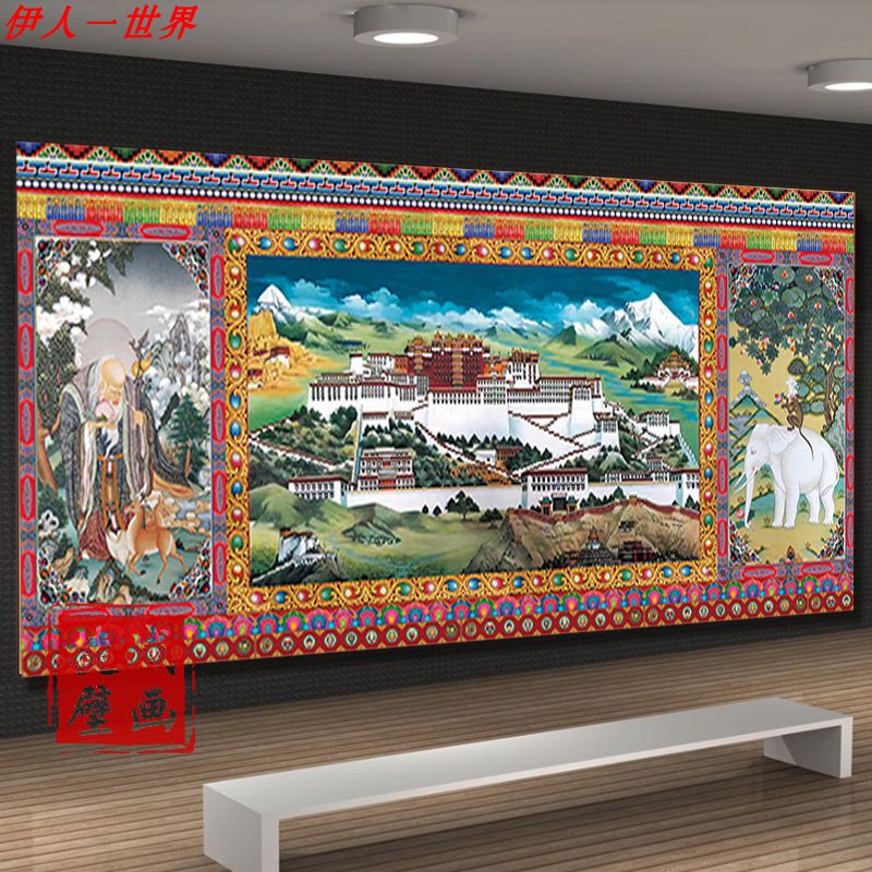 藏式唐卡布达拉宫壁画佛堂电视背景墙纸佛教文化吉祥四端长寿壁纸