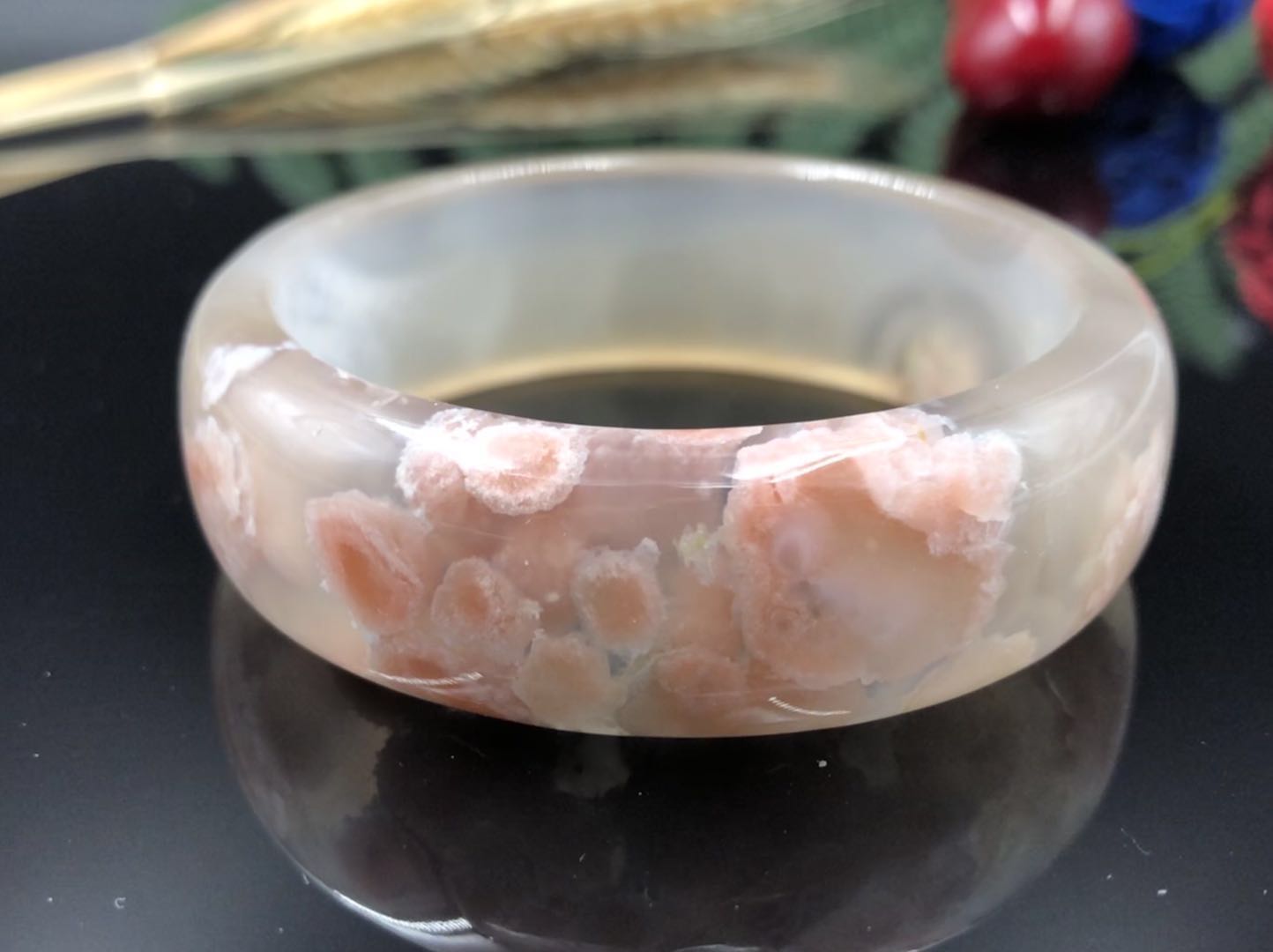 玉火重天天然稀有冰透樱花玛瑙手镯女款通透水润异象纹理质地细腻