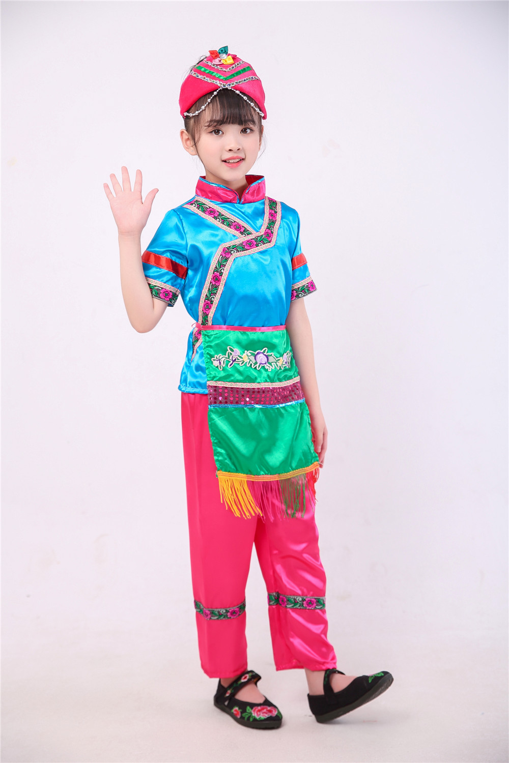 儿童表演服 少儿演出服 幼儿舞蹈服 锡伯族 女民族表演服装