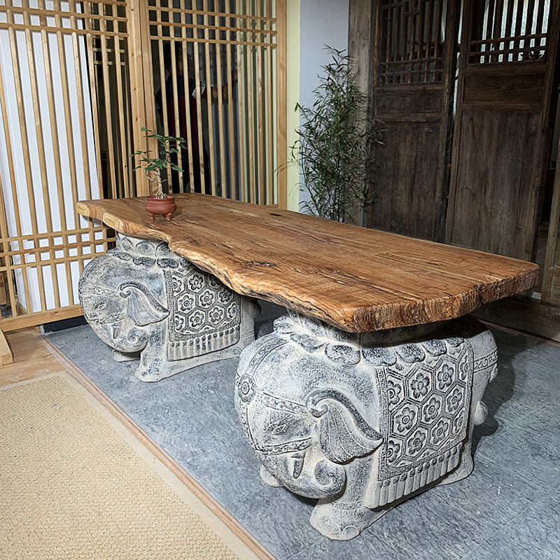 中式风格仿古茶室茶道摆件禅意办公室落地实木大板大象茶台底座