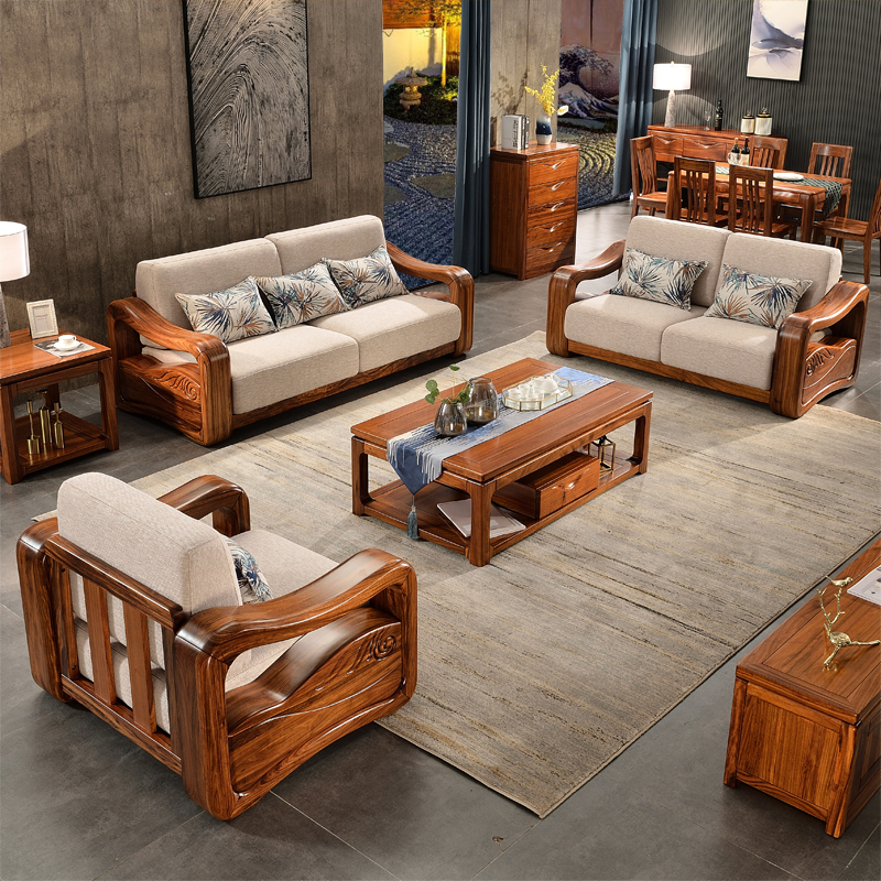 乌金木实木沙发组合现代中式布艺全实木原木客厅豪华厚重别墅家具