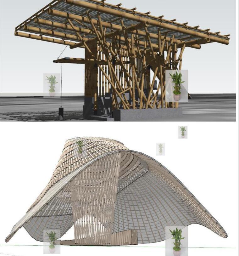su素材异形园林景观廊架亭公园广场构筑物竹廊架亭装置小品su模型