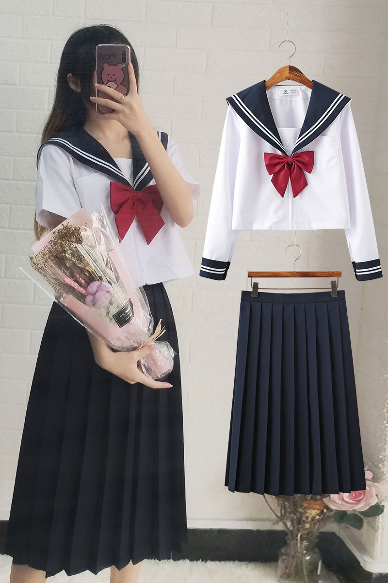 jk制服裙正版中长款学生夏白二本海军风基础款日本甜美水手服套装