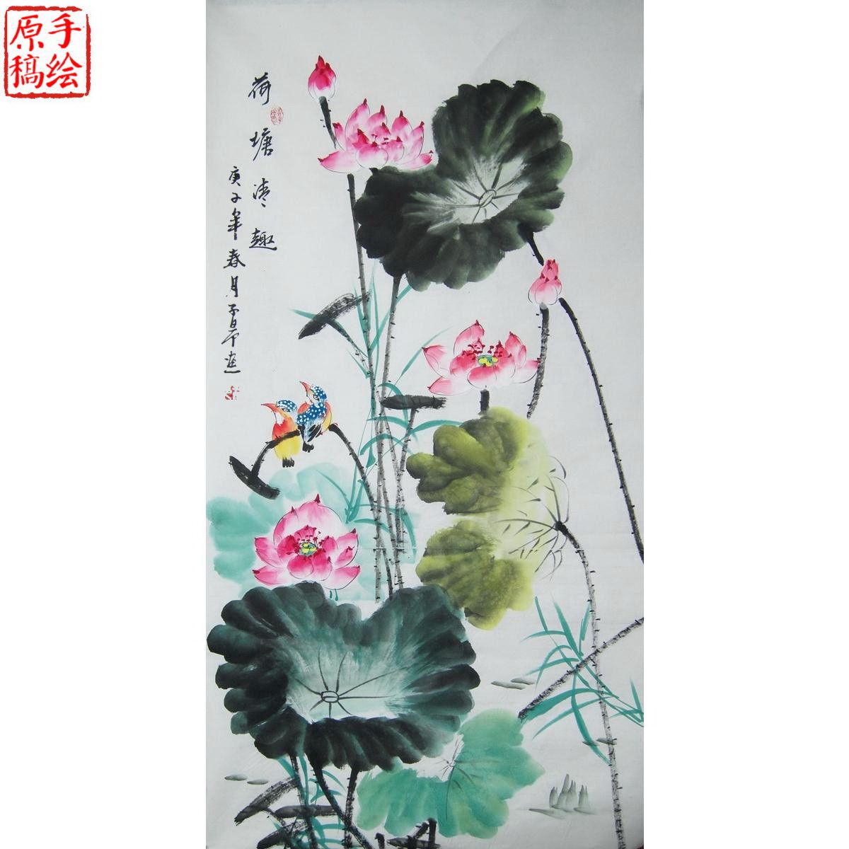 促销价手绘国画荷花竖幅花鸟画中堂玄关字画原稿画心客厅装饰画s1