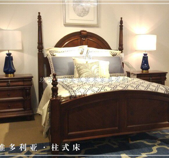美式实木家具新维多利亚简约四柱雕花床复古1.8/2米床双人床