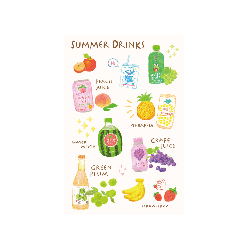 猫的天空之城 手绘插画明信片-summer drinks 猫空夏日水果汁饮料