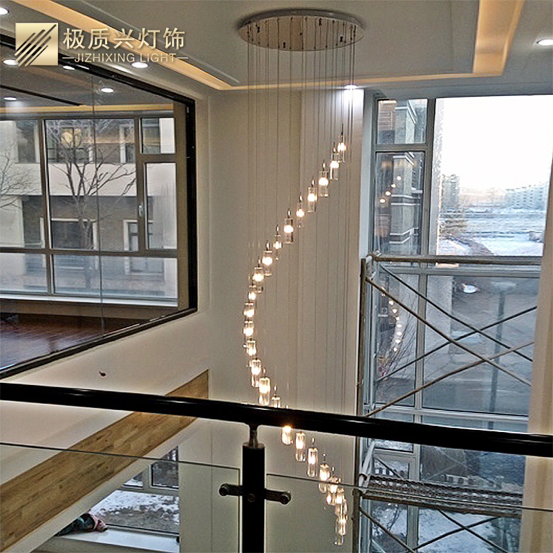 复式旋转楼梯水晶柱长吊灯客厅灯螺旋现代简约创意别墅楼梯间吊灯