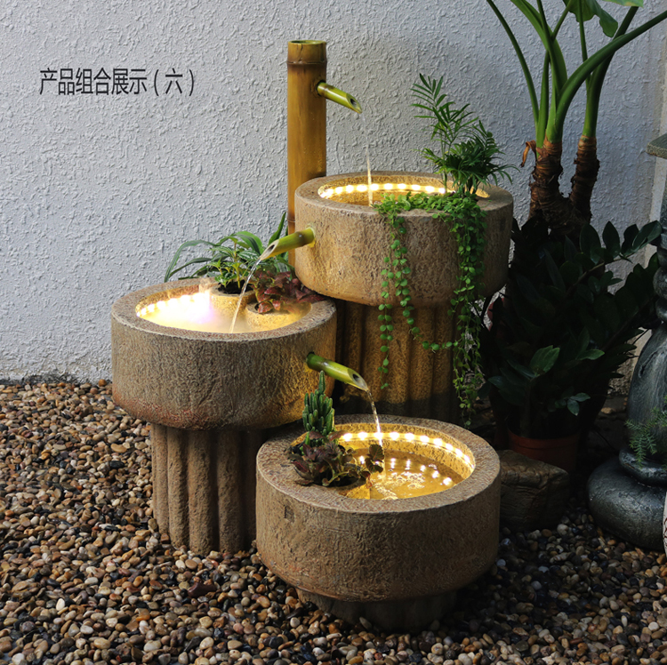 日式竹子流水喷泉鱼缸阳台花园庭院会所园林景观风水盆景招财摆件