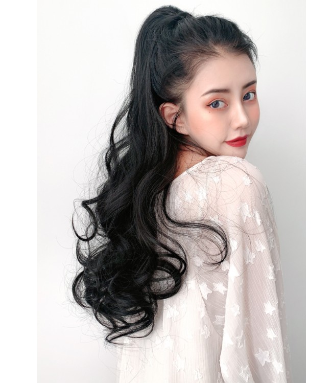 真发马尾假发女抓夹扎高马尾长卷发网红大波浪卷发自然逼真马尾