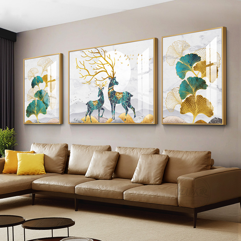 大气招财鹿客厅装饰画三件套挂画现代轻奢沙发背后墙画银杏叶壁画